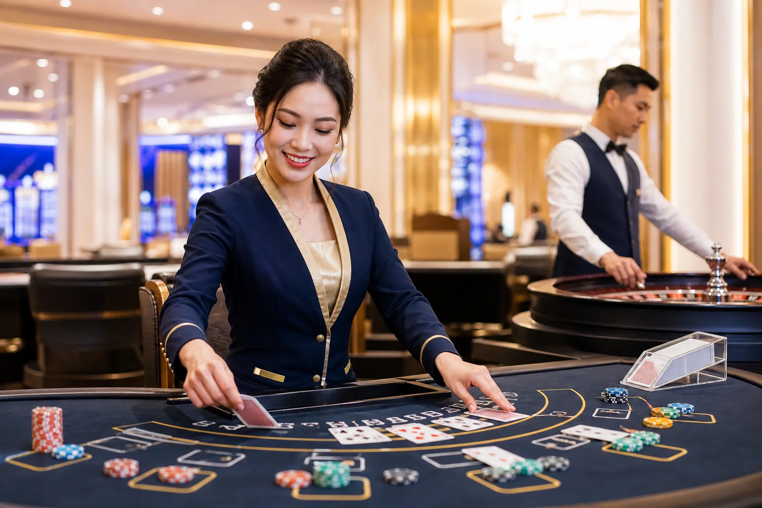Dealer chia bài và bàn Roulette trong sảnh Casino 68VIP