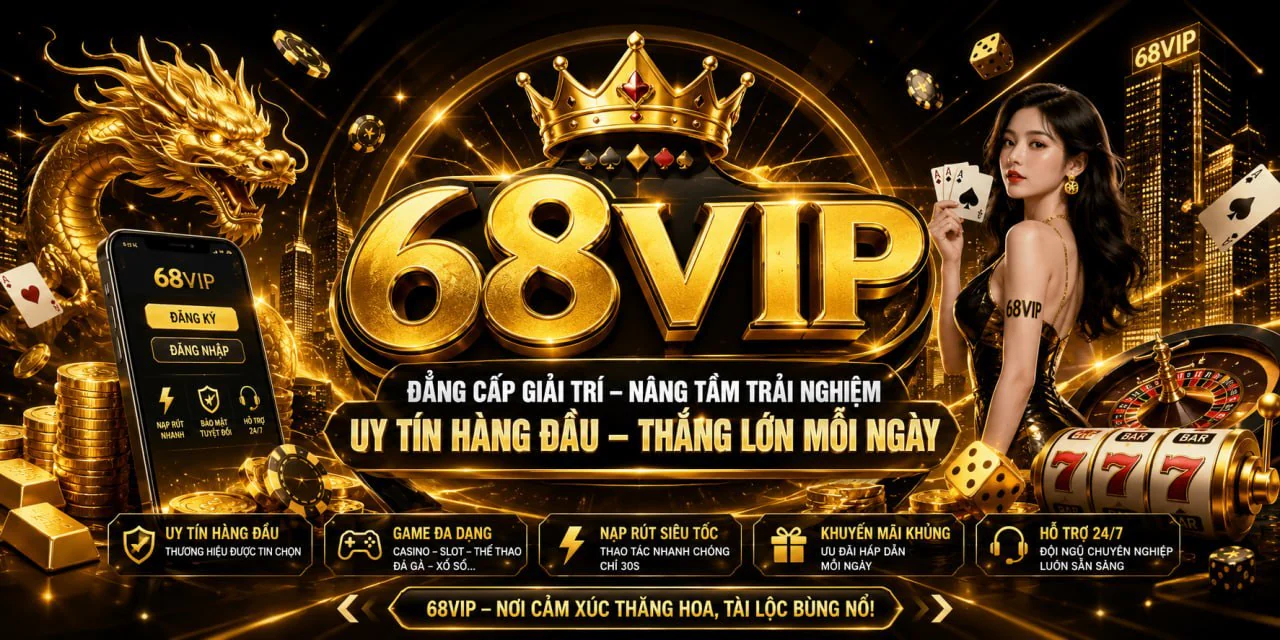Không gian 68VIP với dealer, rồng vàng, roulette và máy slot